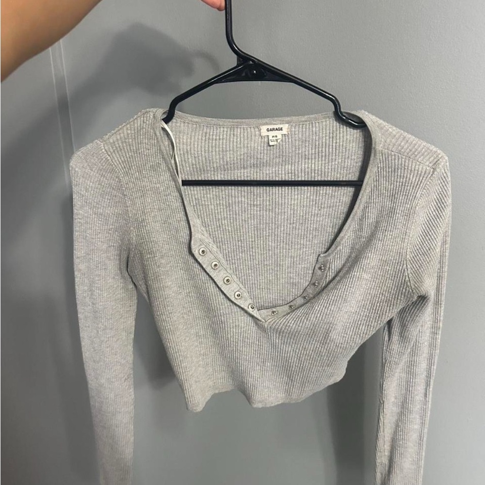 Garage Light Gray Ribbed V-Neck Top